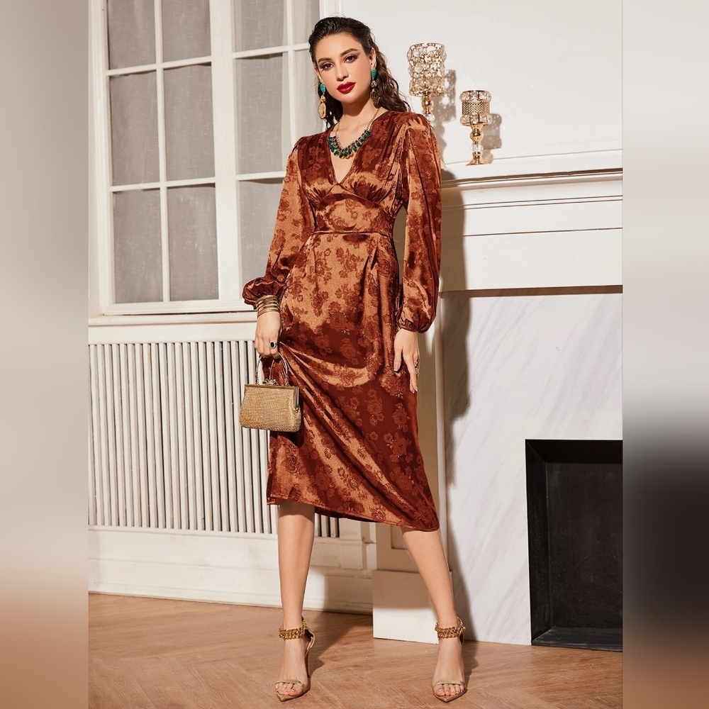 Satin Deep V-neck Bishop Sleeve-A Line Dress